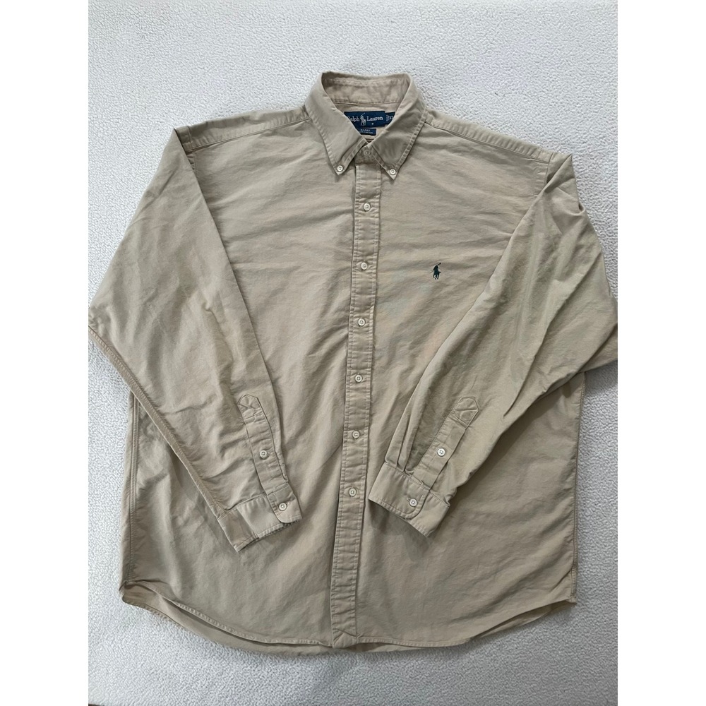 Y2k Ralph Lauren Mens Extra Large Button Down Tan Blake Cotton Shirt Long Sleeve